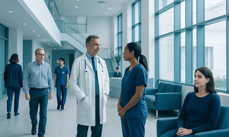 Medical team discussing patient care in a modern hospital lobby.