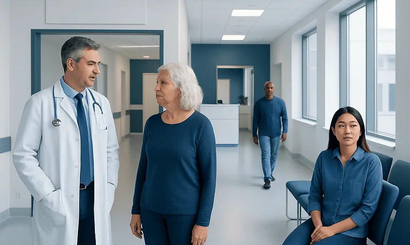Doctor consulting with elderly female patient in hospital corridor.