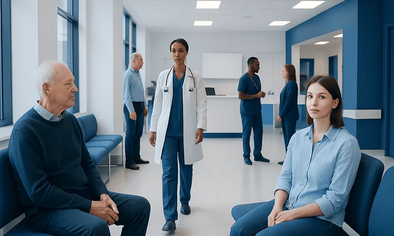 Medical staff and patients in a hospital waiting area at Acibadem Hospitals Group.