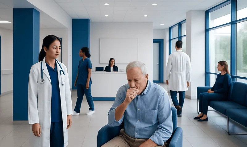 Patient coughing in hospital waiting area with medical staff nearby.