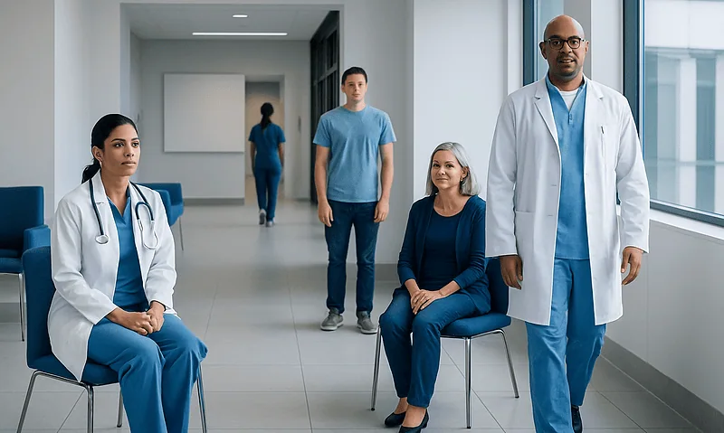 Diverse medical team in hospital corridor with patients and staff.