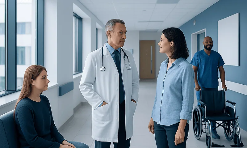 Doctor consulting with female patient in hospital corridor with wheelchair in background.