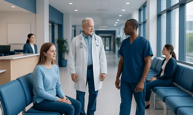 Doctor talking to patients in hospital corridor with waiting area seats.