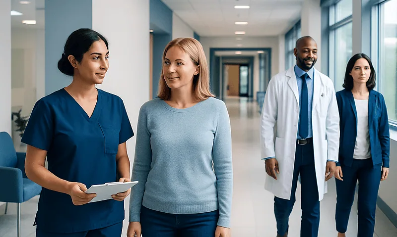 Healthcare professionals and patient in hospital corridor at Acibadem Hospitals Group.