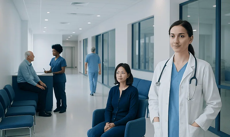 Healthcare professionals and patients in a modern hospital corridor.