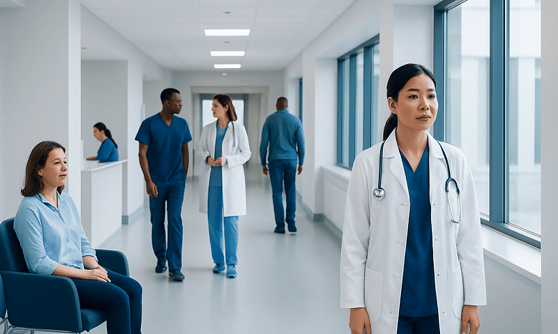 Healthcare professionals and patients in a modern hospital corridor.