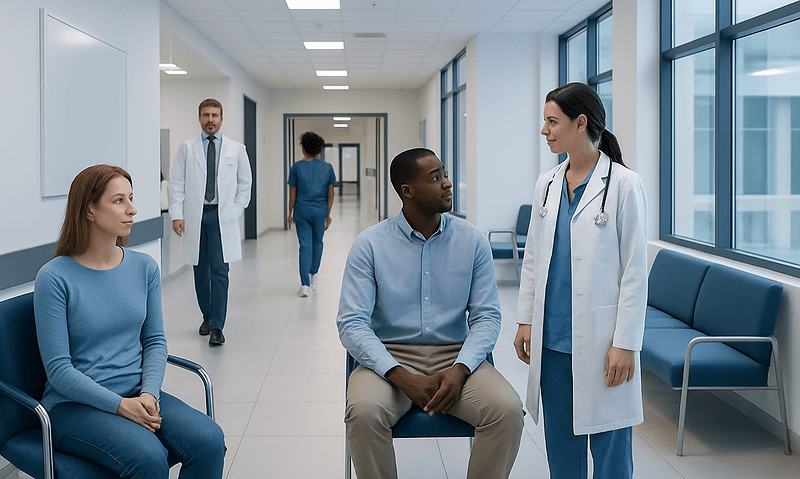 Patients waiting in a hospital corridor with medical staff consulting.