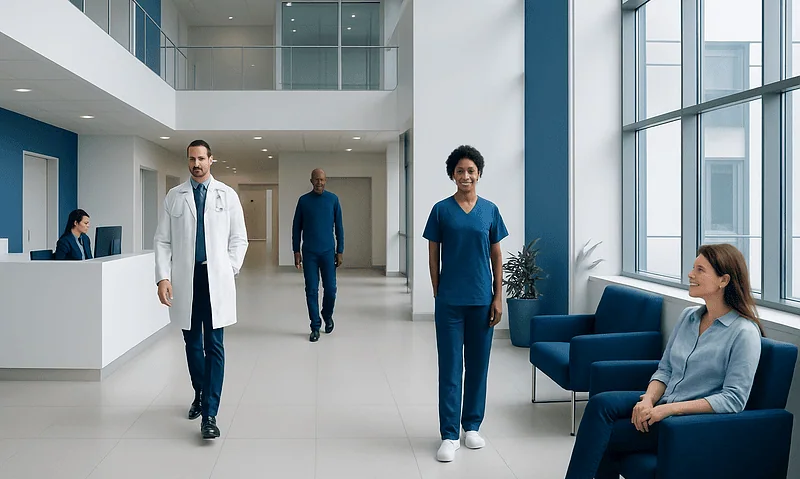 Modern hospital lobby with healthcare professionals and patients.
