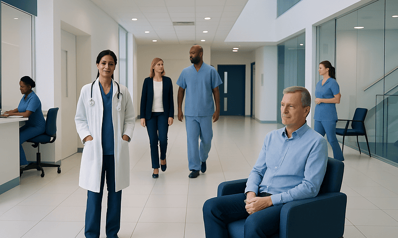 Medical team and patient in a modern hospital corridor.