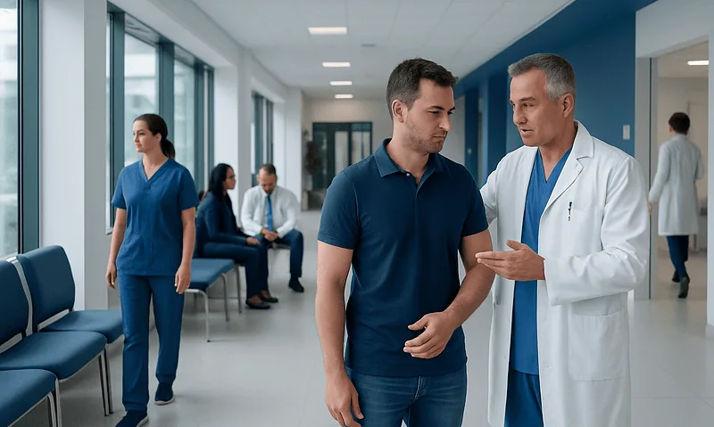 Doctor consulting with a patient in a hospital corridor.