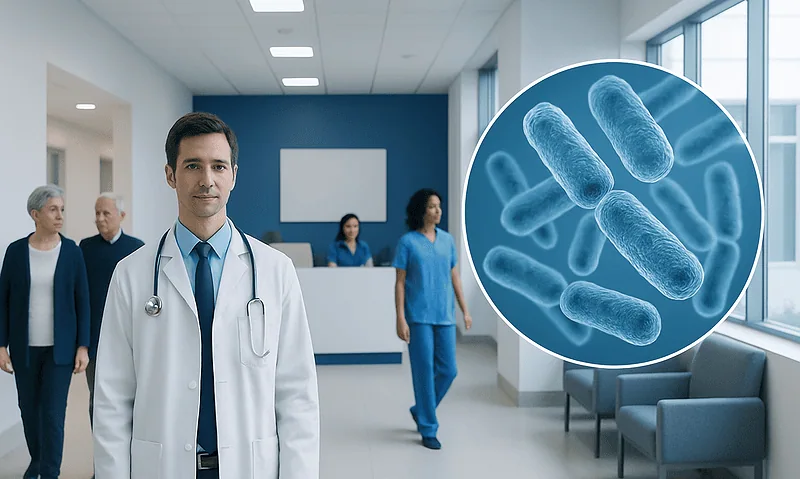 Medical professionals and bacteria illustration at Acibadem Hospitals Group.