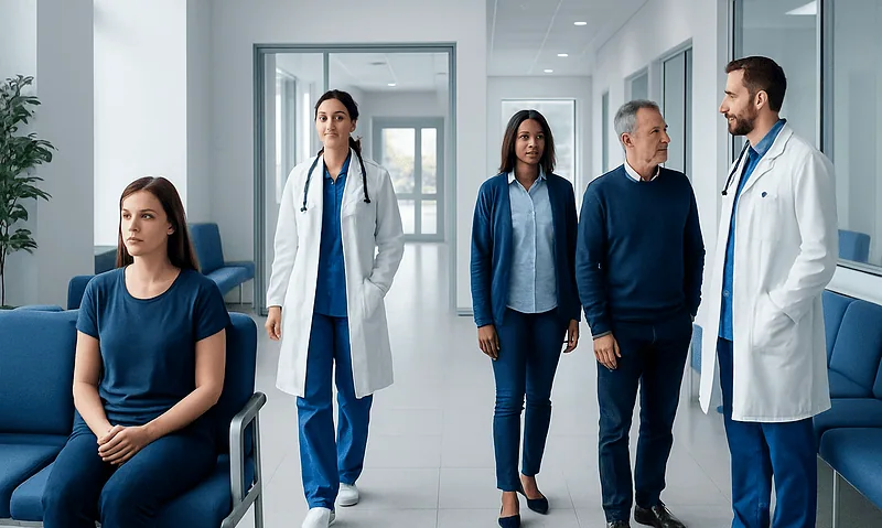 Medical team and patient in hospital corridor at Acibadem Hospitals Group.