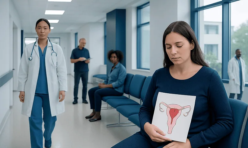 Woman holding a uterus diagram in a hospital corridor with medical staff nearby.