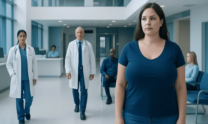 Young woman waiting in hospital corridor with medical staff in background.
