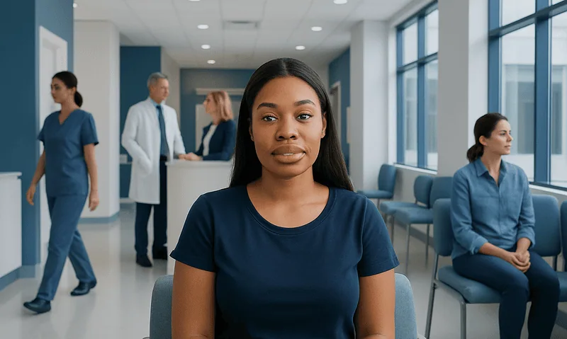 Young woman waiting in a hospital corridor with medical staff in the background.