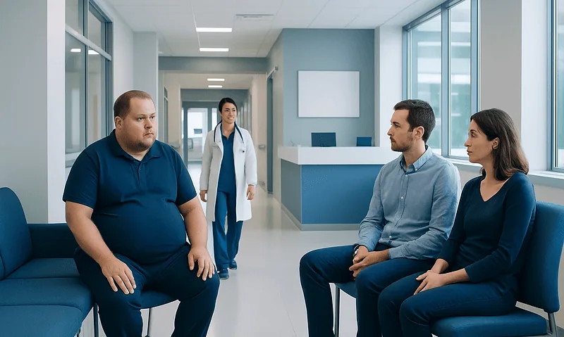 Medical consultation with patients at Acibadem Hospital in a modern clinic setting.
