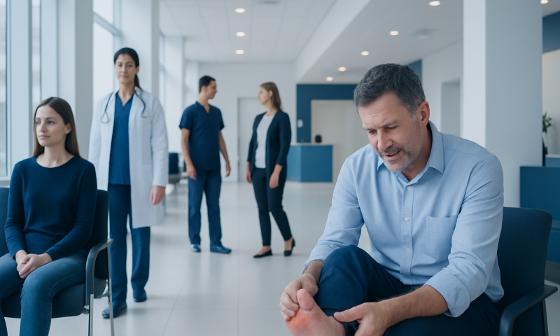 Man with foot pain in hospital waiting area with medical staff nearby.