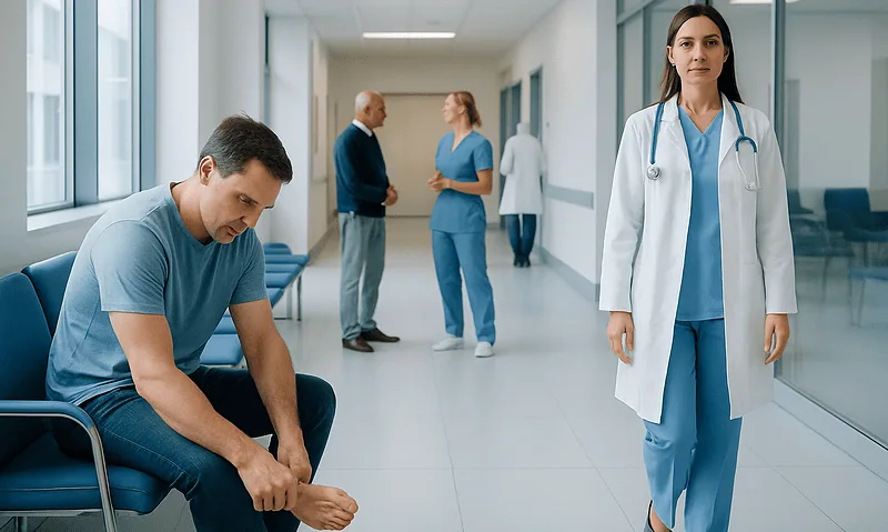 Patient waiting in hospital corridor with medical staff nearby.