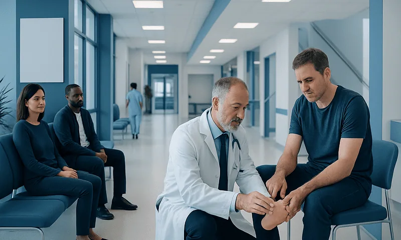 Doctor examining a patient's foot in a hospital corridor.