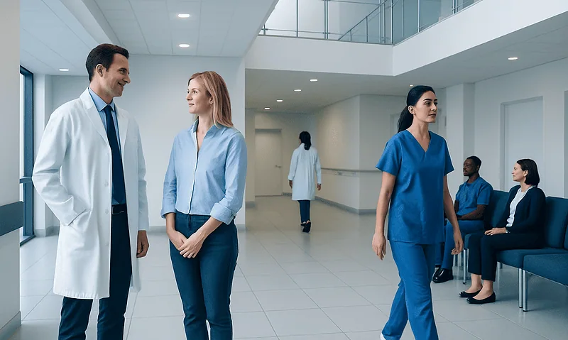 Hospital staff and patients in a modern healthcare facility.