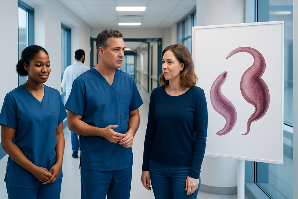 Bilharzia Parasites — Explained by Medical Evidence, Not Myths 1 Medical professionals discussing bilharzia parasites in a hospital corridor.