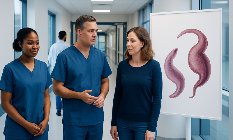 Medical professionals discussing bilharzia parasites in a hospital corridor.