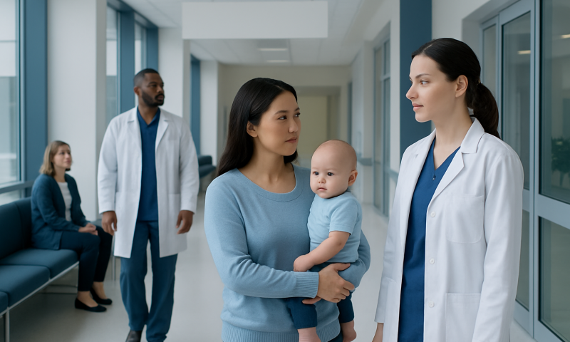 Pediatric consultation at Acibadem Hospital with doctor and mother with child.