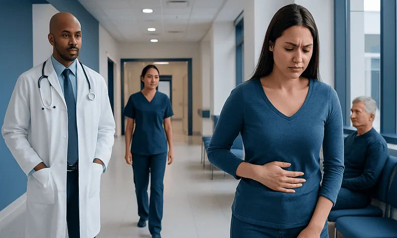 Woman experiencing abdominal pain in hospital corridor with medical staff nearby.