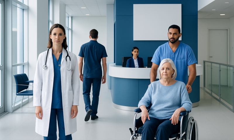 Hospital staff with elderly patient in wheelchair in modern medical facility.