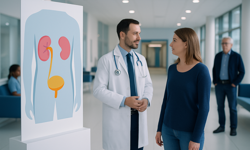 Doctor explaining urine system diagram to a patient in hospital corridor.