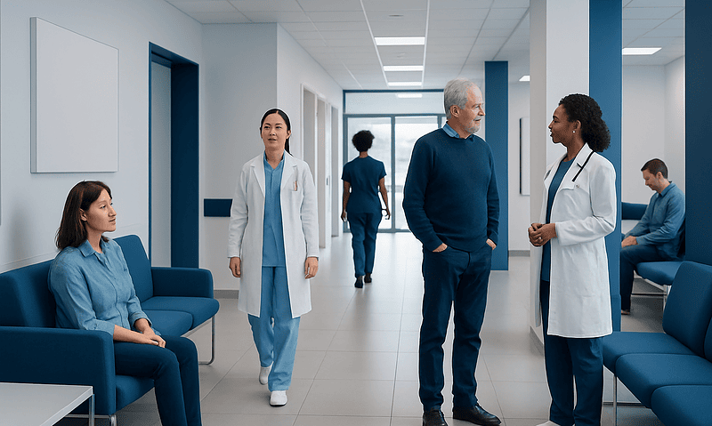 Medical professionals and patient in hospital corridor at Acibadem Hospitals Group.