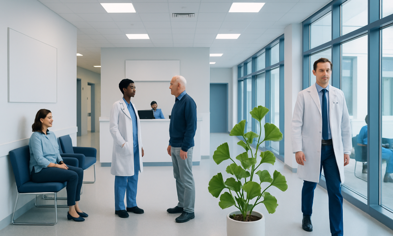 Modern hospital waiting area with doctors and patient, large windows, and indoor plant.