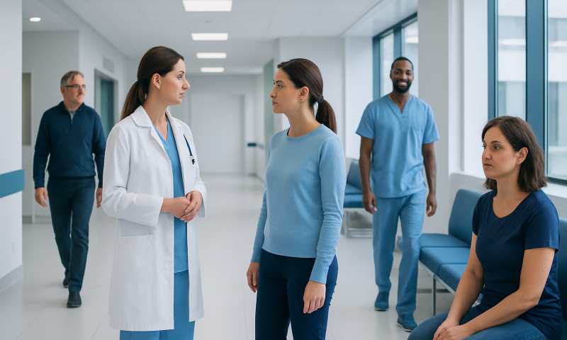 Medical team discussing patient care in hospital corridor.