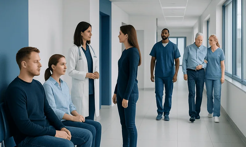 Medical consultation in a hospital corridor with healthcare professionals and patients.