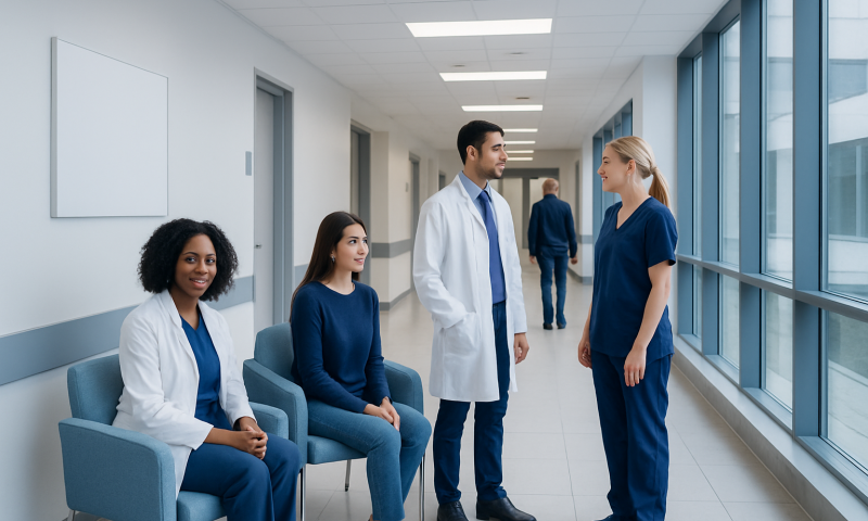 Medical team discussing patient care in hospital corridor.