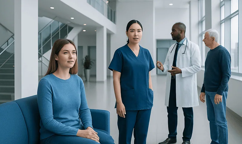 Medical professionals and patient in a hospital lobby at Acibadem Hospitals Group.