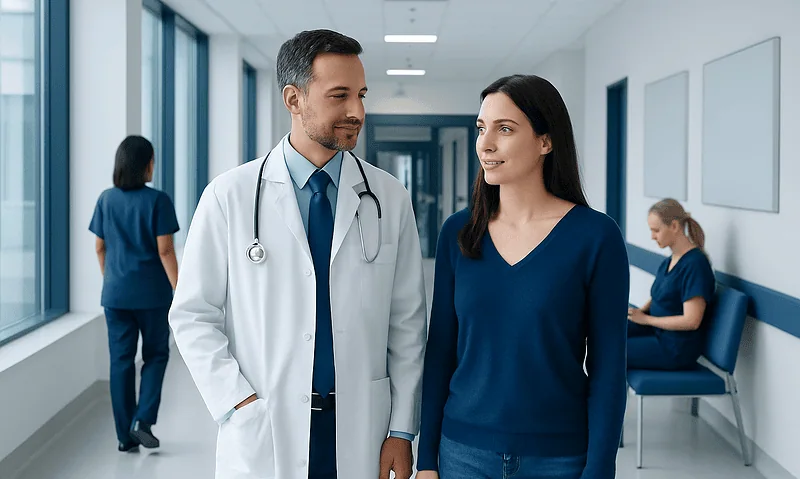 Doctor and patient talking in hospital corridor with medical staff in background.