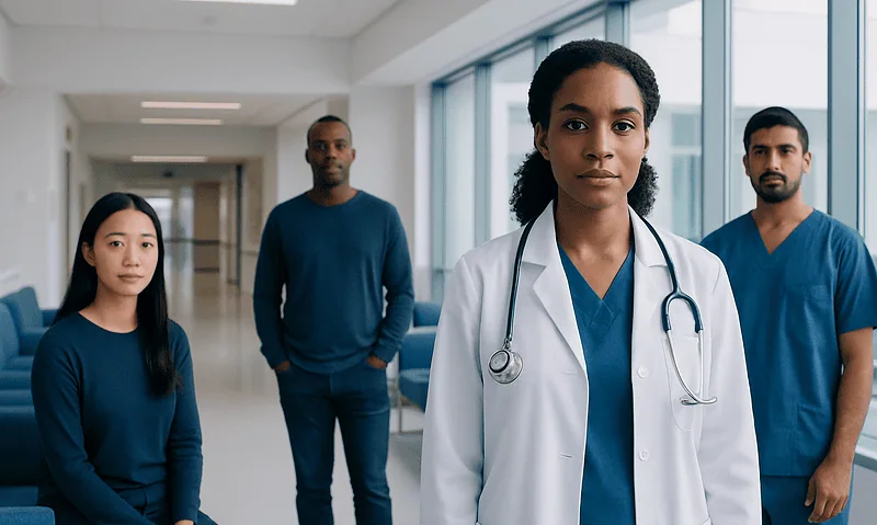 Diverse medical team in hospital corridor with doctor in front.