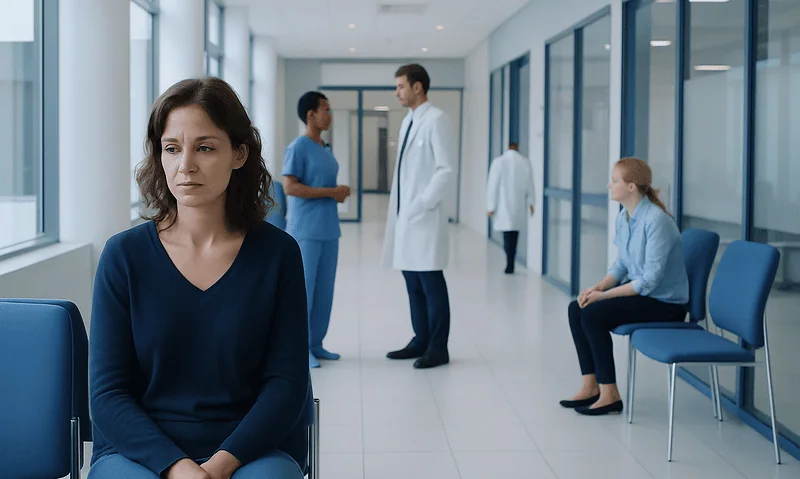 Woman waiting in a hospital corridor with medical staff in the background.