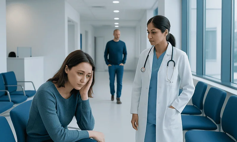 Doctor talking to a worried patient in a hospital corridor.