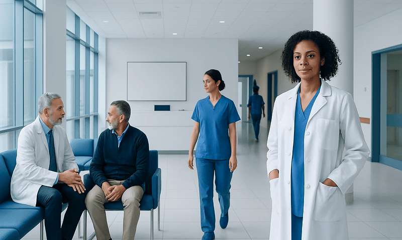Medical consultation in a modern hospital with doctors and patients.