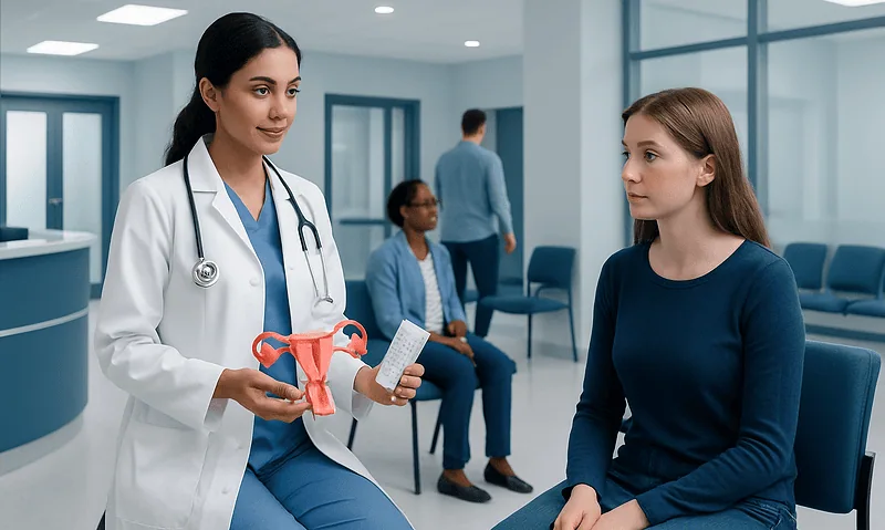 Doctor explaining reproductive health to a patient in a clinic setting.