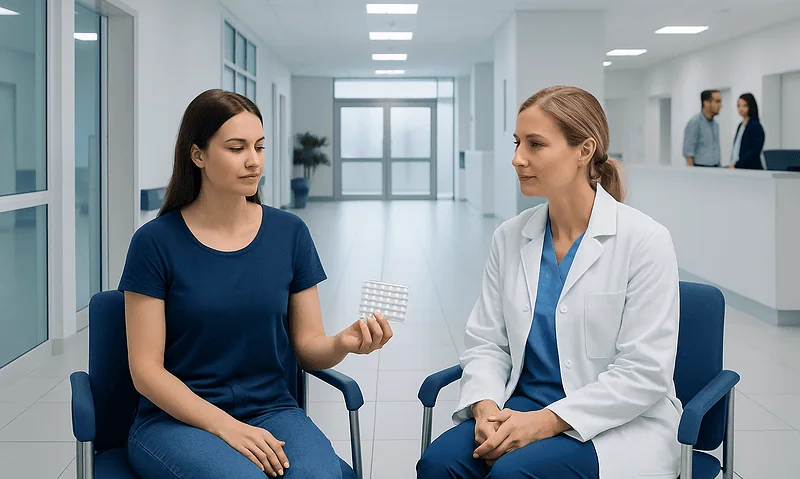 Patient consulting with doctor in hospital corridor.