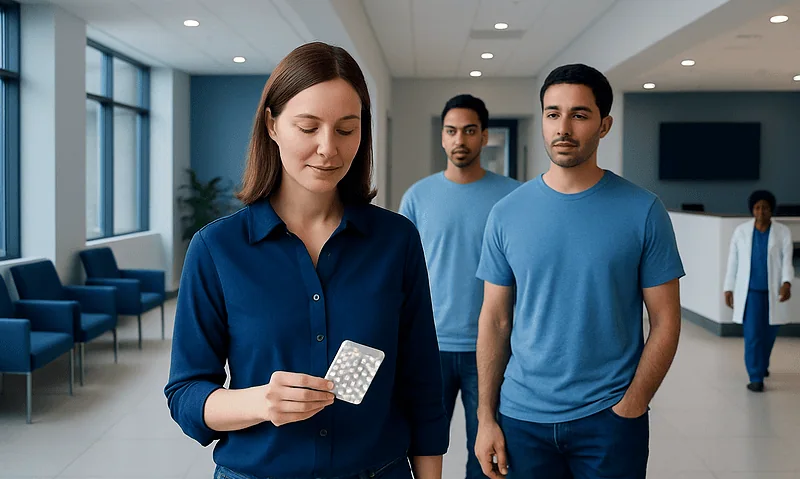 Young woman holding birth control pills in a hospital corridor.