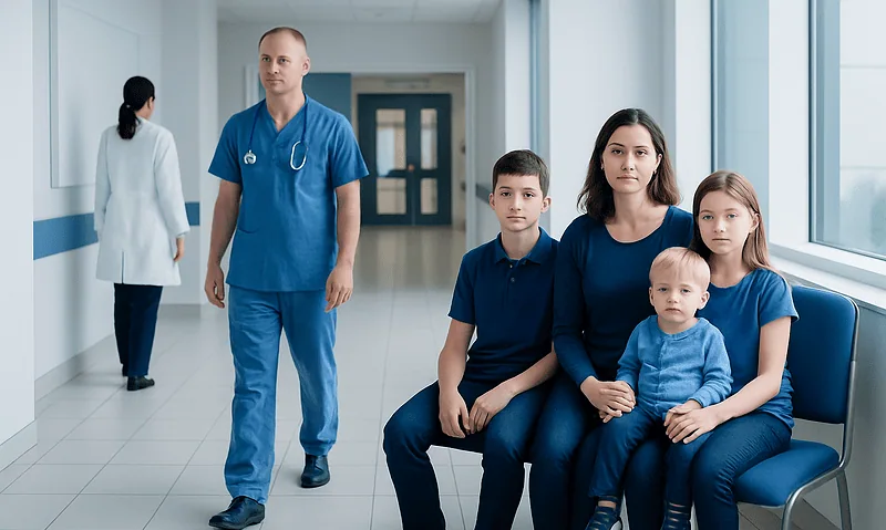 Family waiting in hospital corridor at Acibadem Hospitals Group.