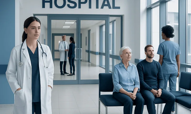 Healthcare professionals and patients in a hospital waiting area.