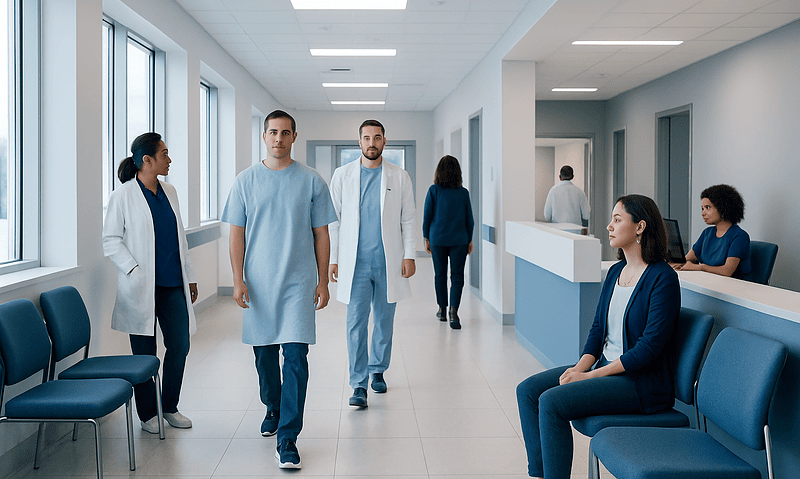 Medical staff and patients in a modern hospital corridor.
