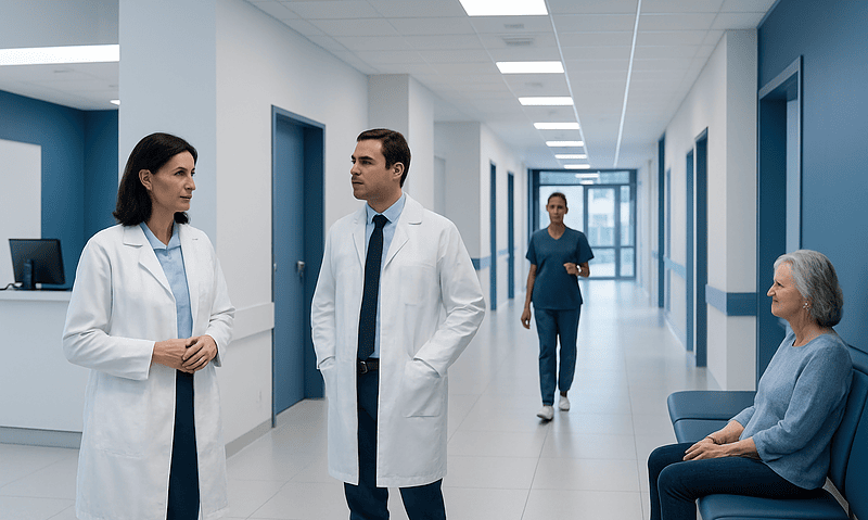 Medical professionals consulting with a patient in a hospital corridor.