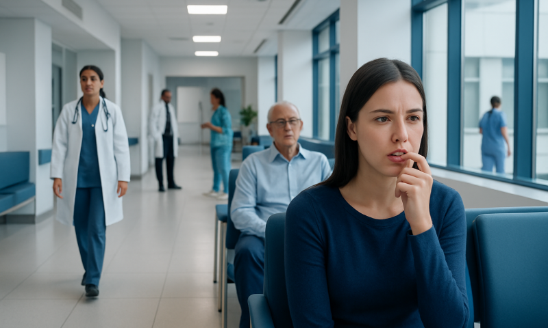 Young woman waiting in hospital corridor with medical staff in background.