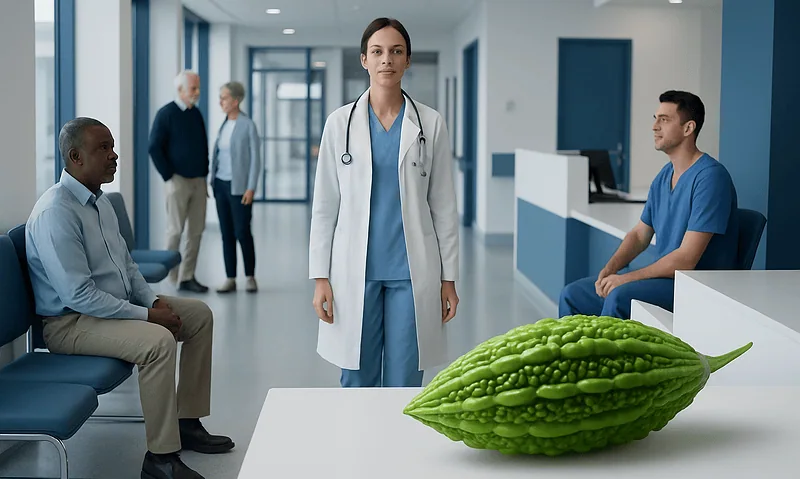 Healthcare professionals and patients in a modern hospital corridor with bitter melon on a table.